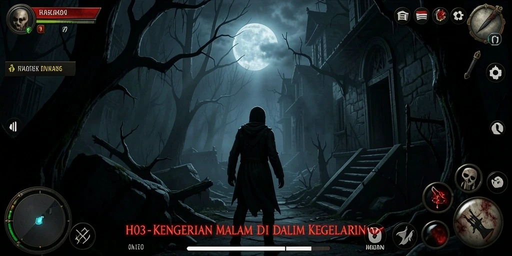 Screenshot utama H03 menampilkan suasana mencekam di dalam kegelapan.