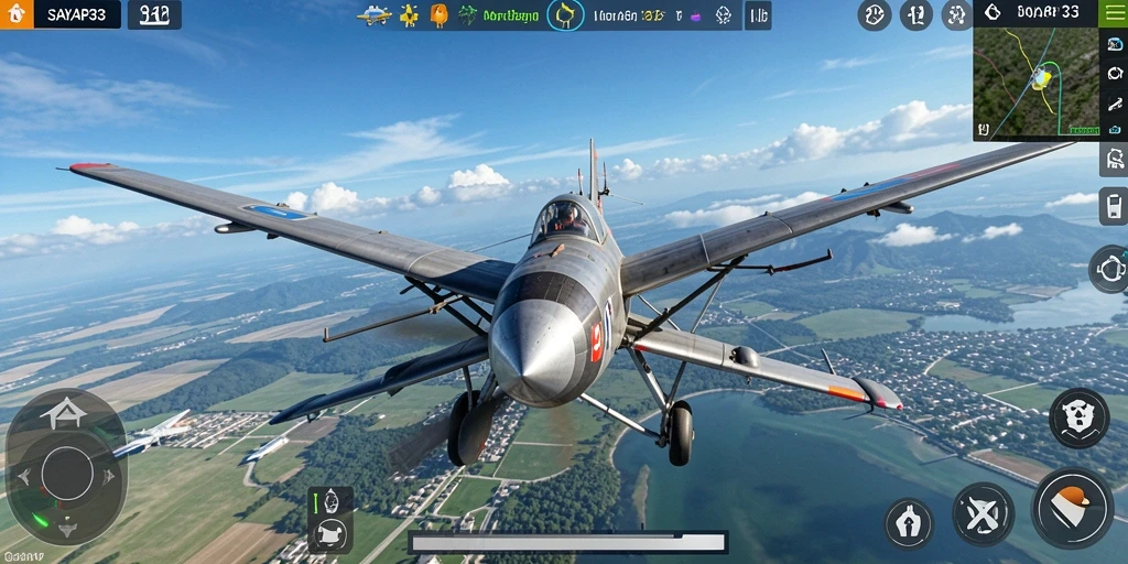 Tampilan gameplay SAYAP33 dengan pesawat terbang di langit biru.